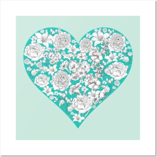 Vintage flowers in turquoise heart Posters and Art